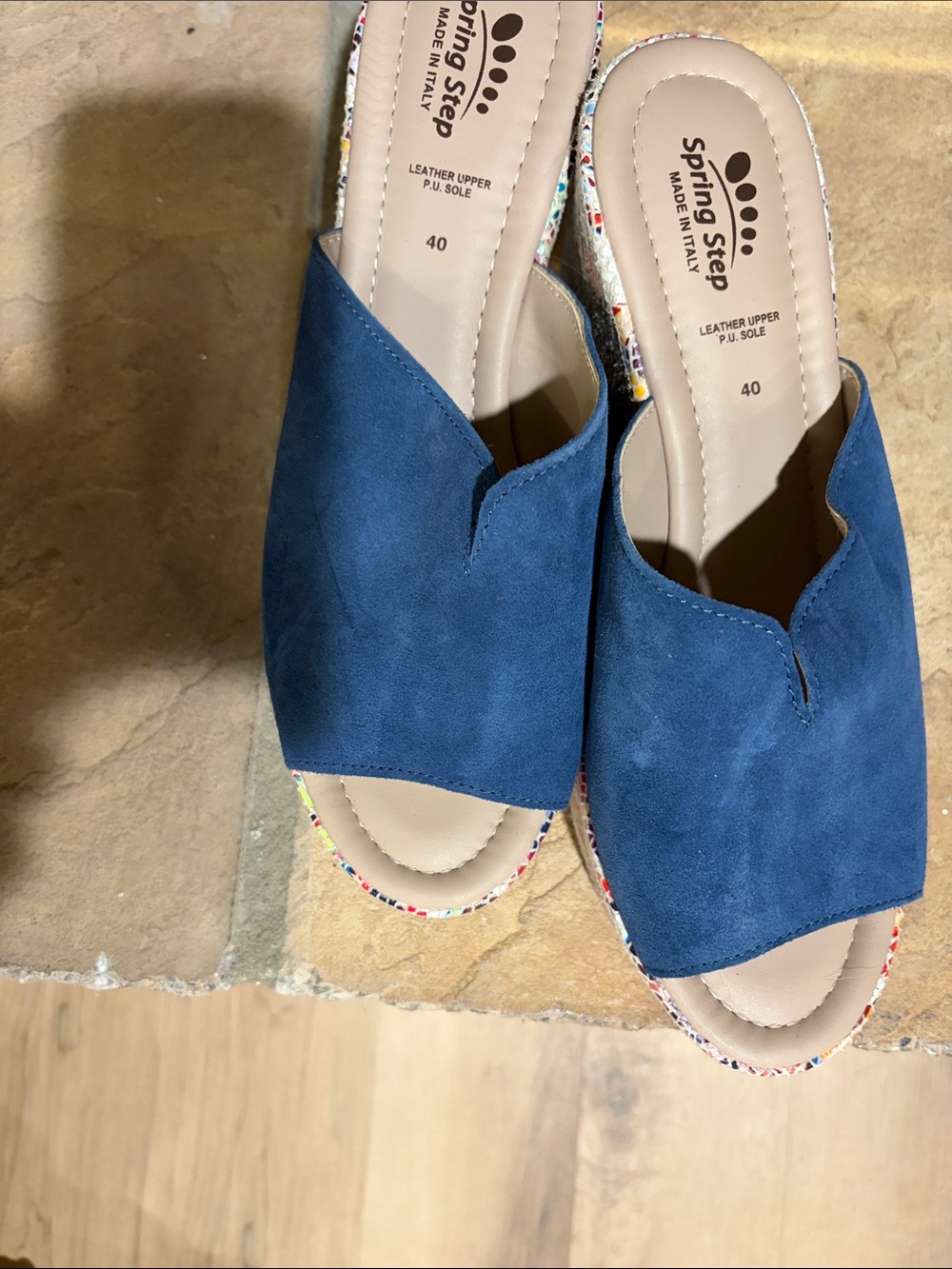 Spring Step Navy Blue Suede Open-Toe Slide Mules never worn